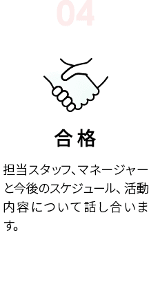 STEP4　合格　担当スタッフ、マネージャーと今後のスケジュール、活動内容について話し合います。